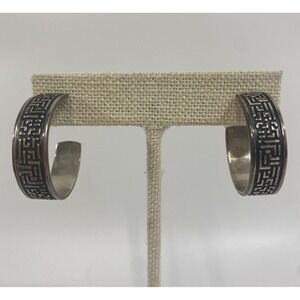 Vintage Mexico Sterling Silver 925 Greek Key Geometric Maze J Hoop Earrings